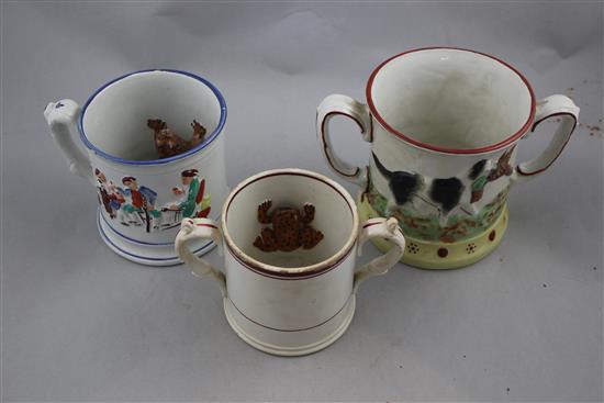 Three Staffordshire pottery frog mugs, late 19th century, 12cm